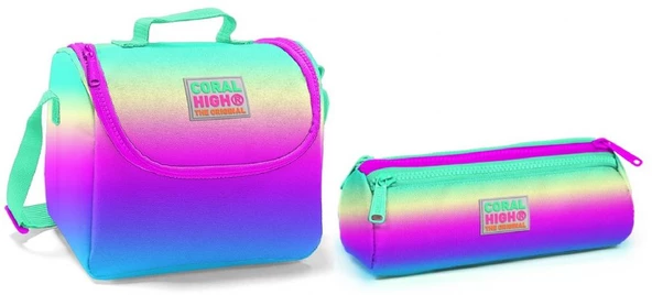 Coral High Yeşil- Mor-Pembe-Sarı Kız Çocuk Beslenme Çantası ve Kalemlik Seti - Thermo ürün görseli 1