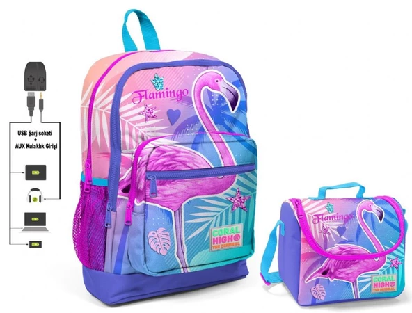 Coral High Pembe Flamingo Baskılı Okul Çantası ve Beslenme Çantası Seti - Kız Çocuk - USB Soketli ürün görseli 1