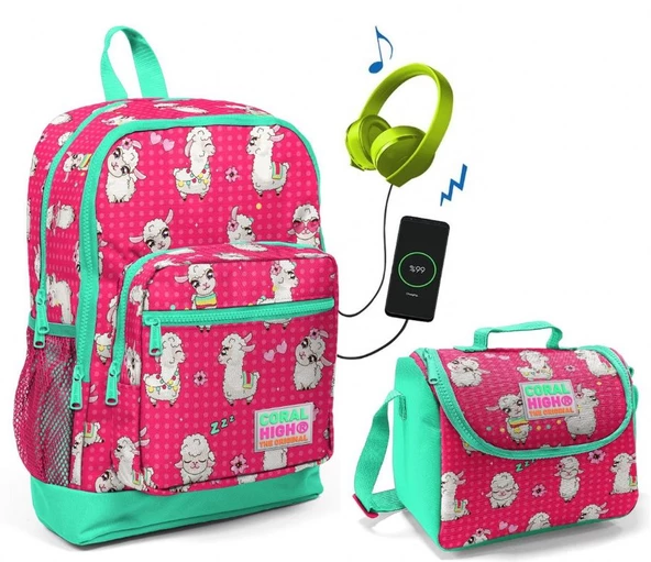 Coral High Lama Baskılı Okul Çantası ve Beslenme Çantası Seti - Kız Çocuk - USB Soketli ürün görseli 1