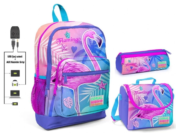 Coral High Pembe Flamingo Baskılı Kız Çocuk İlkokul Çanta Seti - USB Çıkışlı ürün görseli 1