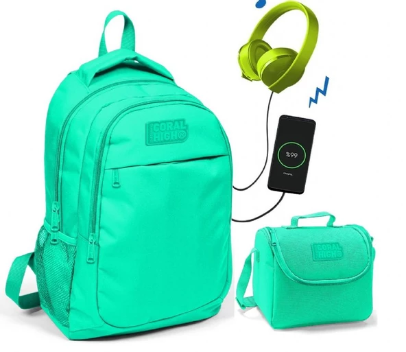 Coral High Su Yeşili Okul ve Beslenme Çantası - Kız Çocuk  - USB Soketli ürün görseli 1