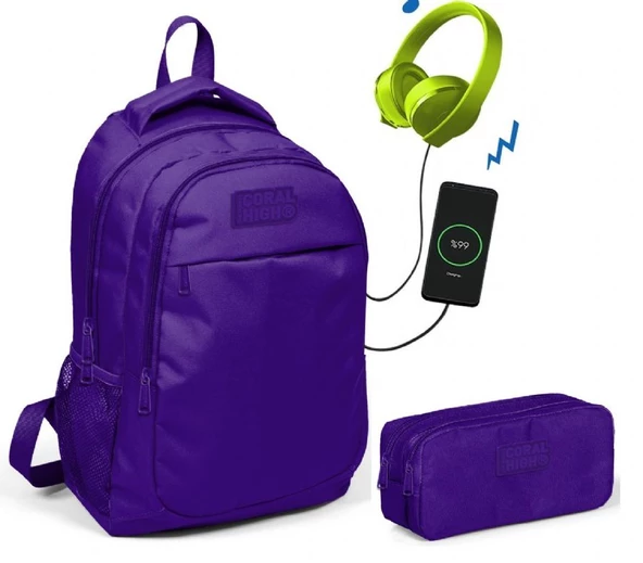 Coral High Kids Mor Kız Çocuk İlkokul Çantası ve Kalemlik Seti - USB Soketli ürün görseli 1