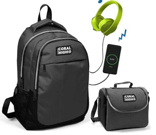 Coral High Siyah-Gri Okul ve Beslenme Çantası - Erkek Çocuk  - USB Soketli ürün görseli 1