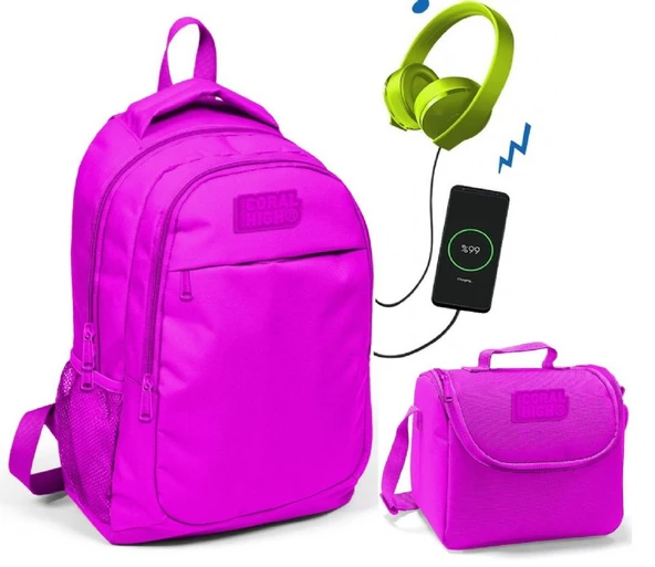 Coral High Koyu Pembe Okul ve Beslenme Çantası - Kız Çocuk  - USB Soketli ürün görseli 1