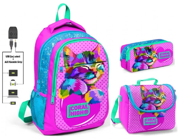 Coral High Kız Çocuk Pembe Sevimli Kedi 3'lü Çanta Takımı - USB Soketli ürün görseli 1