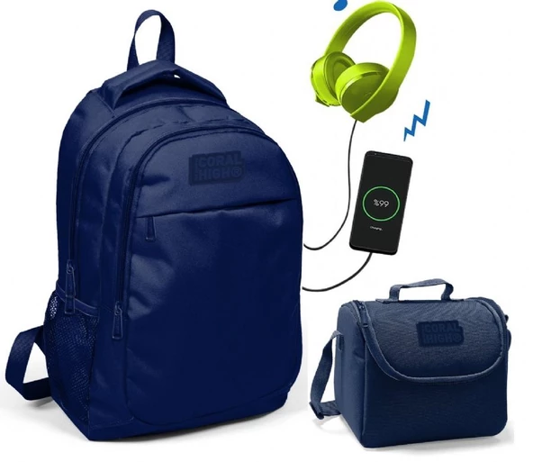 Coral High Lacivert Okul ve Beslenme Çantası - Erkek Çocuk  - USB Soketli ürün görseli 1