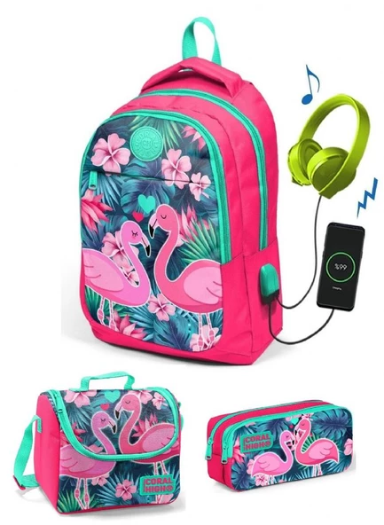 Coral High Kız Çocuk Narçiçeği Flamingo 3'lü Çanta Takımı - USB Soketli ürün görseli 1