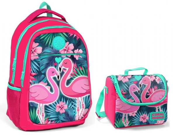 Coral High Kız Çocuk Pembe Flamingo Okul Sırt Çantası ve Beslenme Çantası ürün görseli 1