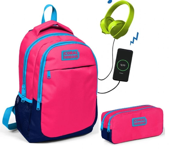 Coral High Kids Narçiçeği  Kız Çocuk İlkokul Çantası ve Kalemlik Seti - USB Soketli ürün görseli 1