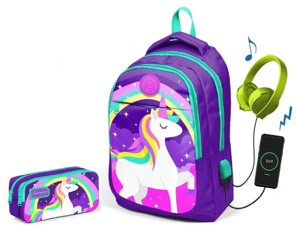 Coral High Kids Mor Unicorn Kız Çocuk İlkokul Çantası ve Kalemlik Seti - USB Soketli ürün görseli 1