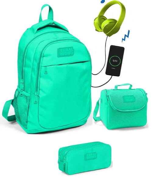 Coral High Kız Çocuk Su Yeşili 3'lü Çanta Takımı - USB Soketli ürün görseli 1