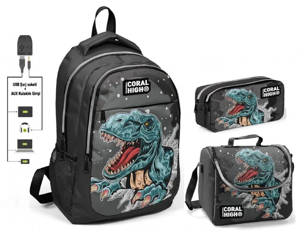 Coral High Erkek Çocuk Dinazor Desenli 3'lü Çanta Takımı - USB Soketli ürün görseli 1