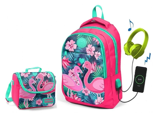 Coral High Narçiçeği Flamingo Okul ve Beslenme Çantası - Kız Çocuk  - USB Soketli ürün görseli 1