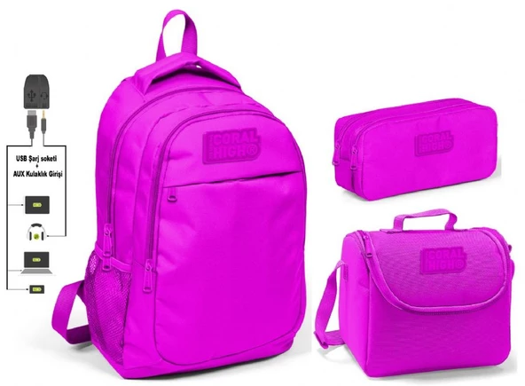 Coral High Kız Çocuk Koyu Pembe 3'lü Çanta Takımı - USB Soketli ürün görseli 1