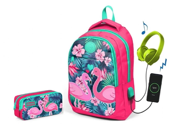 Coral High Narçiçeği Flamingo Kız Çocuk İlkokul Çantası ve Kalemlik Seti - USB Soketli ürün görseli 1