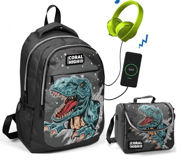 Coral High Dinazor Baskılı Okul ve Beslenme Çantası - Erkek Çocuk  - USB Soketli ürün görseli 1