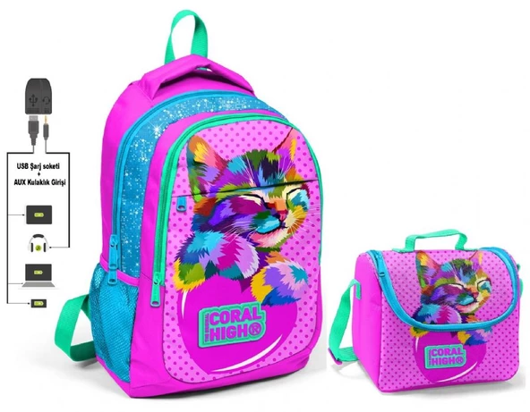 Coral High Pembe Sevimli Kedi Okul ve Beslenme Çantası - Kız Çocuk  - USB Soketli ürün görseli 1
