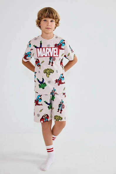DeFacto%100 Pamuk Marvel Lisanslı Comıcs Regular Fit 2'li Bej Pijama Takımı Erkek Çocuk H8033A826HS