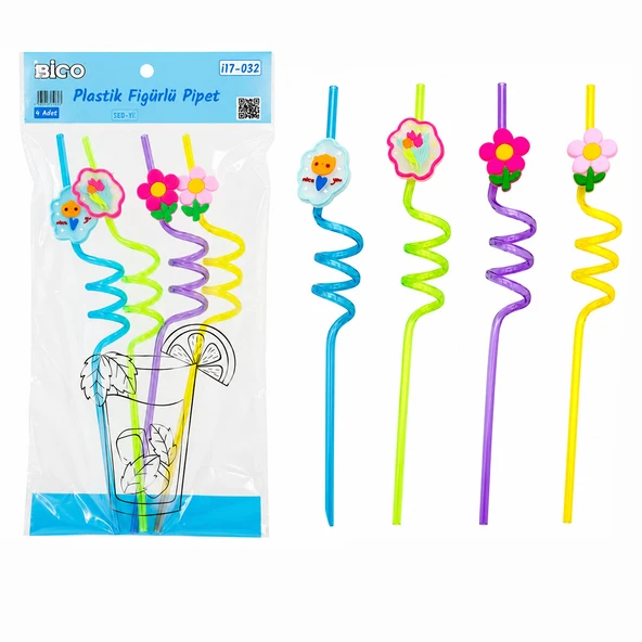 Lunaev 4 Parça Kıvrımlı - Renkli Plastik Pipet Figürlü - Mix