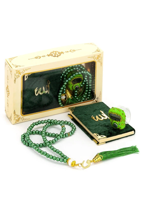 Taşlı Zikirmatik - Mini Kadife Yasin - İnci Tesbihli Hediyelik Set - Yeşil Renk ürün görseli 1