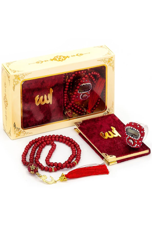 Taşlı Zikirmatik - Mini Kadife Yasin - İnci Tesbihli Hediyelik Set - Bordo Renk ürün görseli 1