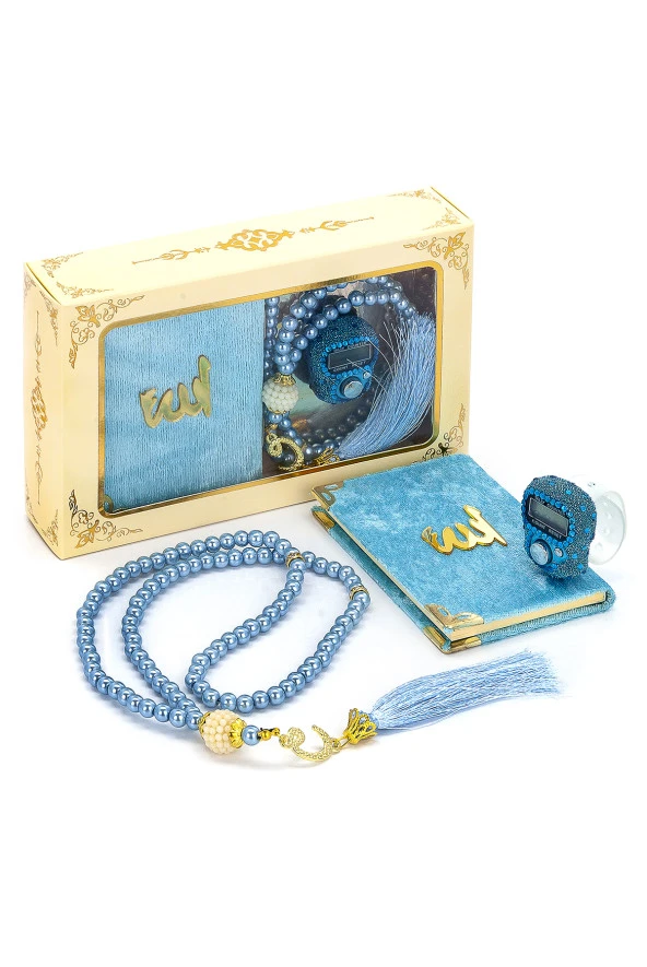 Taşlı Zikirmatik - Mini Kadife Yasin - İnci Tesbihli Hediyelik Set - Mavi Renk ürün görseli 1