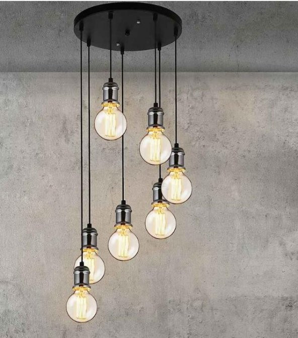 MYLİGHTS  RETRO  RUSTİK  METAL SARKIT AVİZE 7 Lİ SİYAH TABAN  GÜMÜŞ  DUY 30 CM TABAN ürün görseli 1