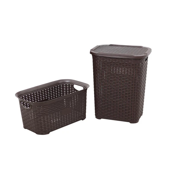 Sağlam Plastik Rattan Hasır Görünümlü Kirli Çamaşır Sepeti- Çamaşır sepeti 2'li Set Kahverengi ürün görseli 1