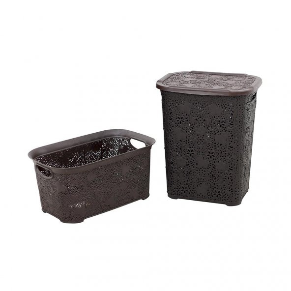 Sağlam Plastik Dantel Kirli Çamaşır Sepeti- Çamaşır sepeti 2'li Set Kahverengi ürün görseli 1
