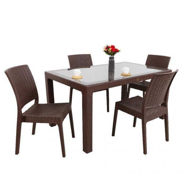 Mandella Elit Rattan 90x150 4 kişilik Elit Sandalye Camlı Masa Takımı Kahverengi ürün görseli 1