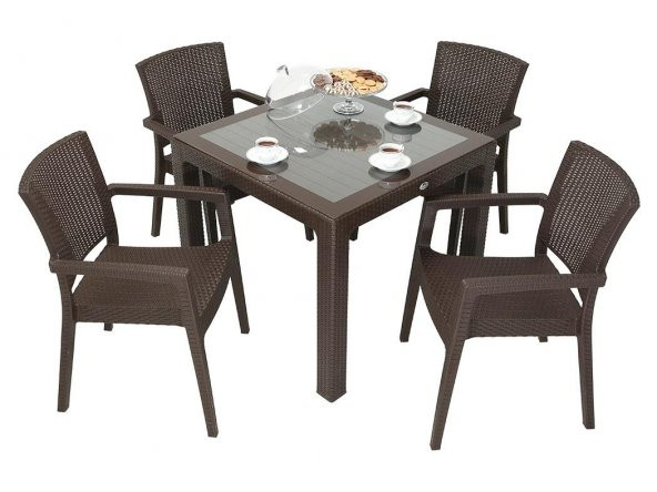 Mandella Elit Rattan 90x90 Zeus Koltuk Camlı Masa Takımı KAHVERENGİ ürün görseli 1