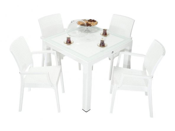 Mandella Elit Rattan 90x90 Elit Koltuk Camlı Masa Takımı BEYAZ ürün görseli 1