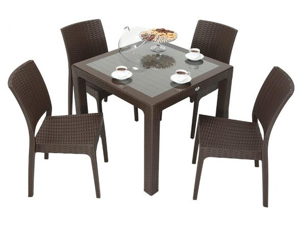 Mandella Elit Rattan 90x90 Elit Sandalye Camlı Masa Takımı KAHVERENGİ ürün görseli 1