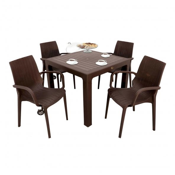 Mandella Elit Rattan 90x90 Nirvana Koltuk Camlı Masa Takımı Kahverengi ürün görseli 1