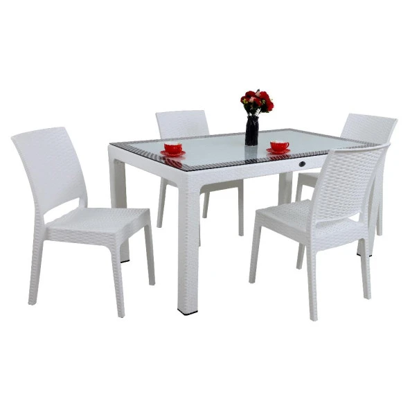 Mandella Elit Rattan 90x150 4 kişilik Elit Sandalye Camlı Masa Takımı Beyaz ürün görseli 1