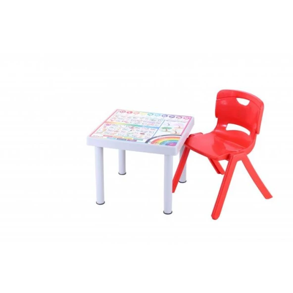Sağlam Plastik Mandella Rubi Türkçe Desenli Çocuk Masası 1 Adet Nova Orta Çocuk Koltuk Kırmızı ürün görseli 1