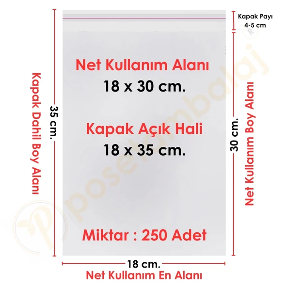 18x30+5 (18x35) cm. 250 Adet - Şeffaf Bantlı Yapışkanlı Jelatin Poşet ürün görseli 1