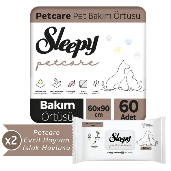 Sleepy Petcare 2X30 Adet Pet Bakım Örtüsü + 2X60 Evcil Hayvan Islak Havlusu ürün görseli 1