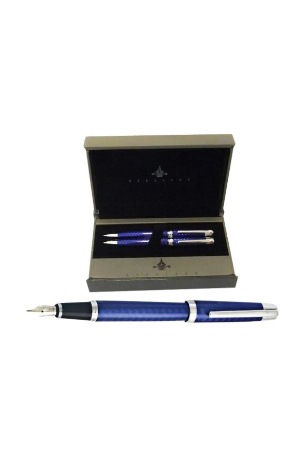 Steel Pen Takım Kalem Dolma Kalem + Tükenmez Kalem Set Mavi Lake Krom ürün görseli 1