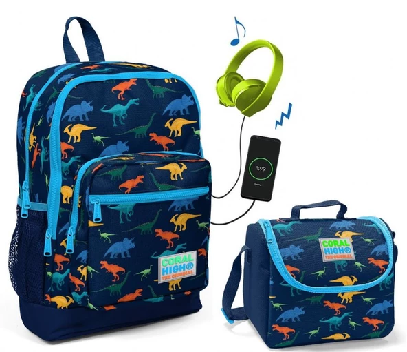 Coral High Dinazor Baskılı Okul Çantası ve Beslenme Çantası Seti - Erkek Çocuk - USB Soketli ürün görseli 1