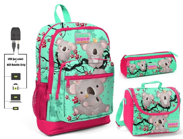 Coral High Yeşil Koala Baskılı Kız Çocuk İlkokul Çanta Seti - USB Çıkışlı ürün görseli 1