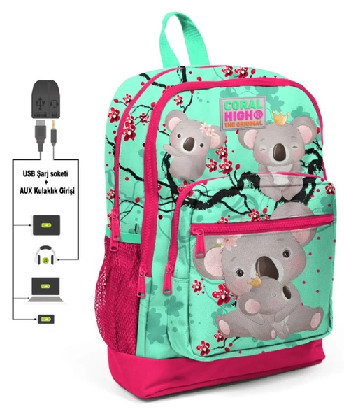 Coral High Kırmızı-Yeşil Koala Baskılı İlkokul ve Günlük Sırt Çantası - Kız Çocuk - USB ve AUX Soketli ürün görseli 1