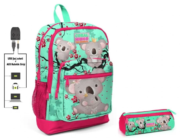 Coral High Yeşil Koala Baskılı İlkokul Sırt Çantası ve Kalemlik Seti - Kız Çocuk - USB Soketli ürün görseli 1