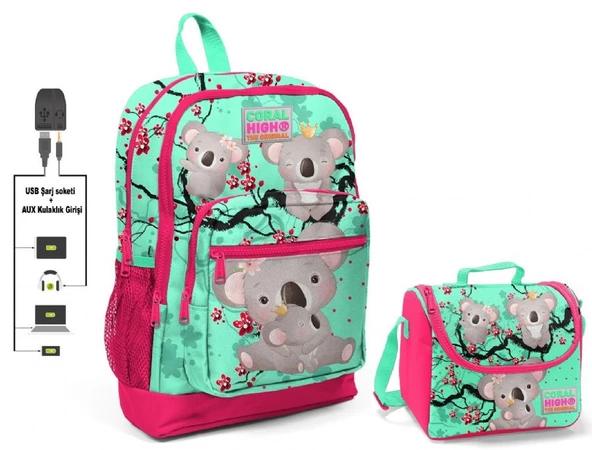 Coral High Yeşil Koala Baskılı Okul Çantası ve Beslenme Çantası Seti - Kız Çocuk - USB Soketli ürün görseli 1