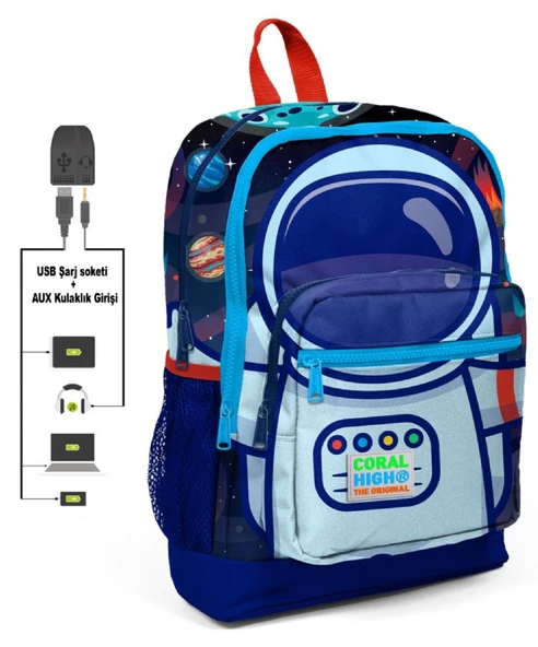 Coral High Mavi Astronot Baskılı İlkokul ve Günlük Sırt Çantası - Erkek Çocuk - USB ve AUX Soketli ürün görseli 1