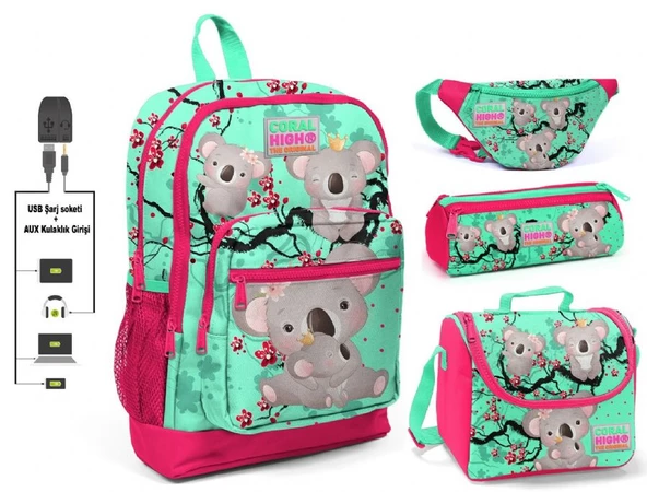 Coral High Yeşil Koala Baskılı 4'lü Kız Çocuk İlkokul Çanta Seti - USB Soketli ürün görseli 1