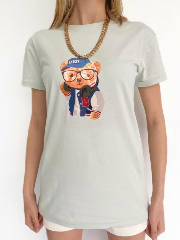 Kadın Ayıcık Baskılı Tshirt Mint - Resim 2