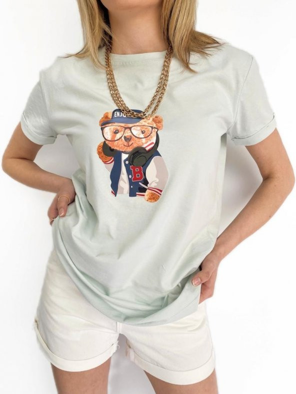 Kadın Ayıcık Baskılı Tshirt Mint - Resim 3