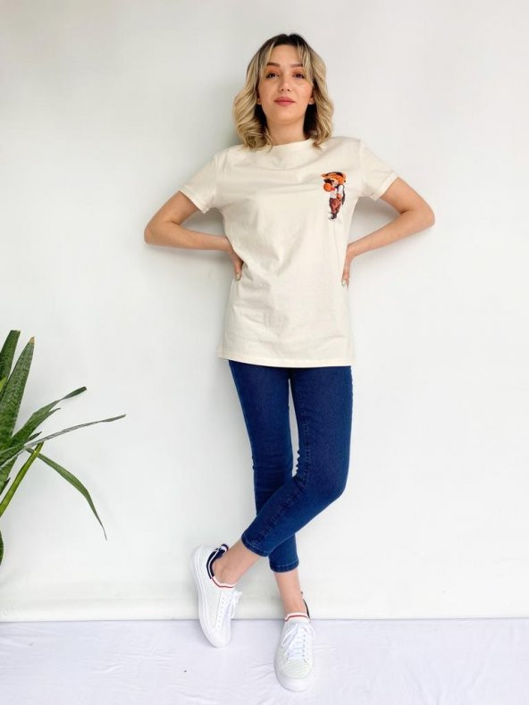 Kadın Ayıcık Baskılı Basic Tshirt Ekru - Resim 2