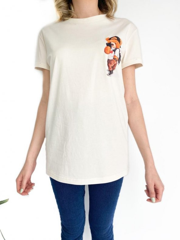 Kadın Ayıcık Baskılı Basic Tshirt Ekru - Resim 3